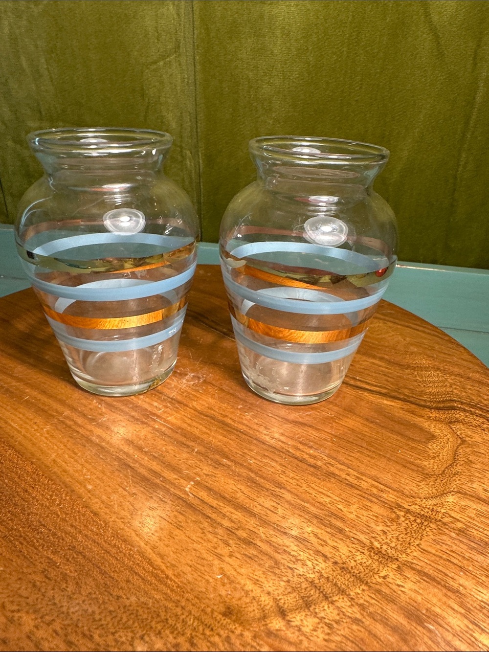 Two small vases mid century. Blue and gold stripe
